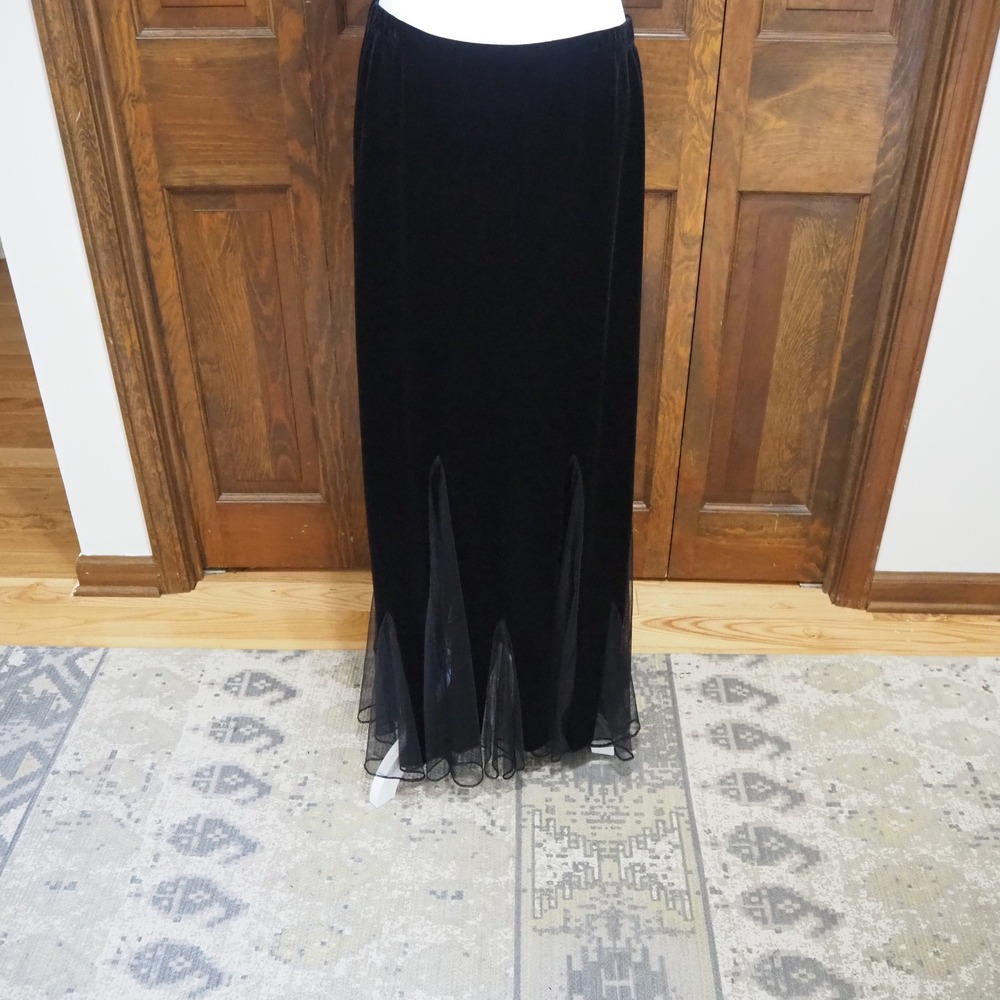 Vintage 90's Xscape Black Velvet Mesh Whimsygoth Grunge Maxi Skirt Sz L Trumpet